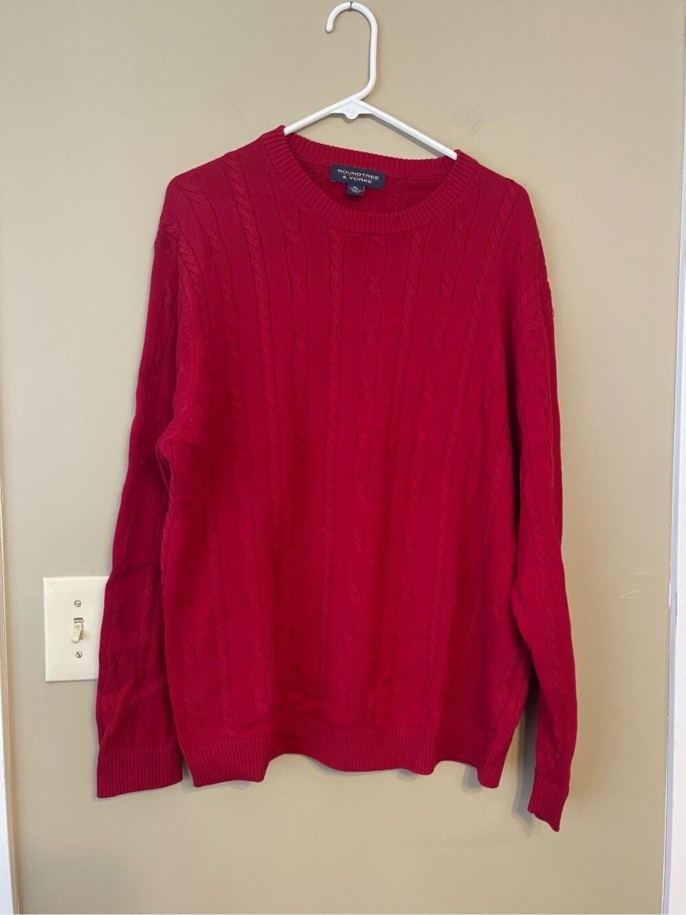 Roundtree & Yorke Mens Red Cotton Cable Knit Crewneck Sweater Extra Large XL